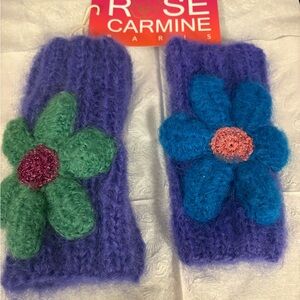 Rose Carmine Purple Knit Hand Warmers with Floral Design
